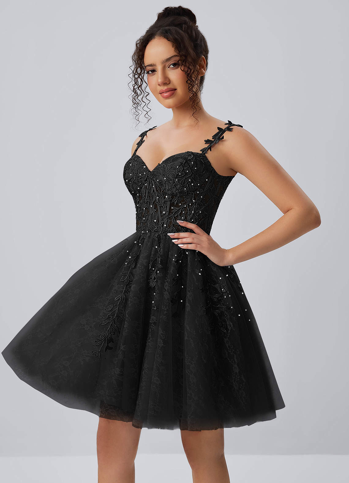 Raphinase Black Lace Tulle Beading Corset A line Lace-Up Mini Dress
