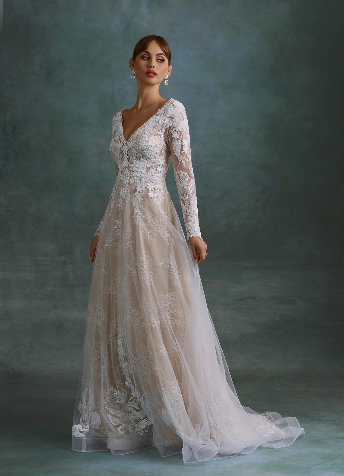 Azazie Leila At-home Try On Dresses Diamond White Nude A-Line V-Neck Sequins Tulle Dress image3