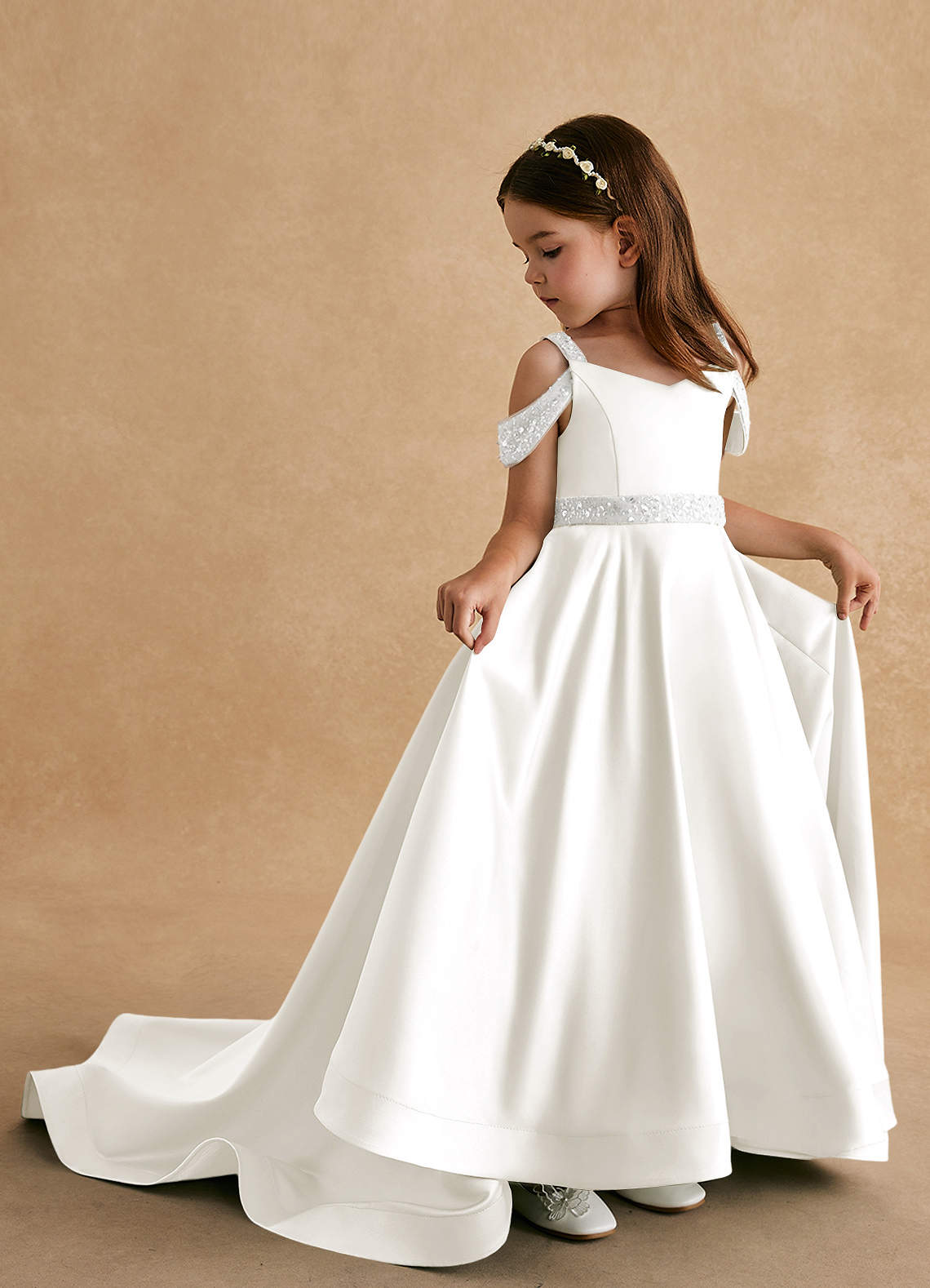 Azazie Jodi Abiti da Ragazza di Fiori Abito A-Line in Raso Opaco Avorio image1