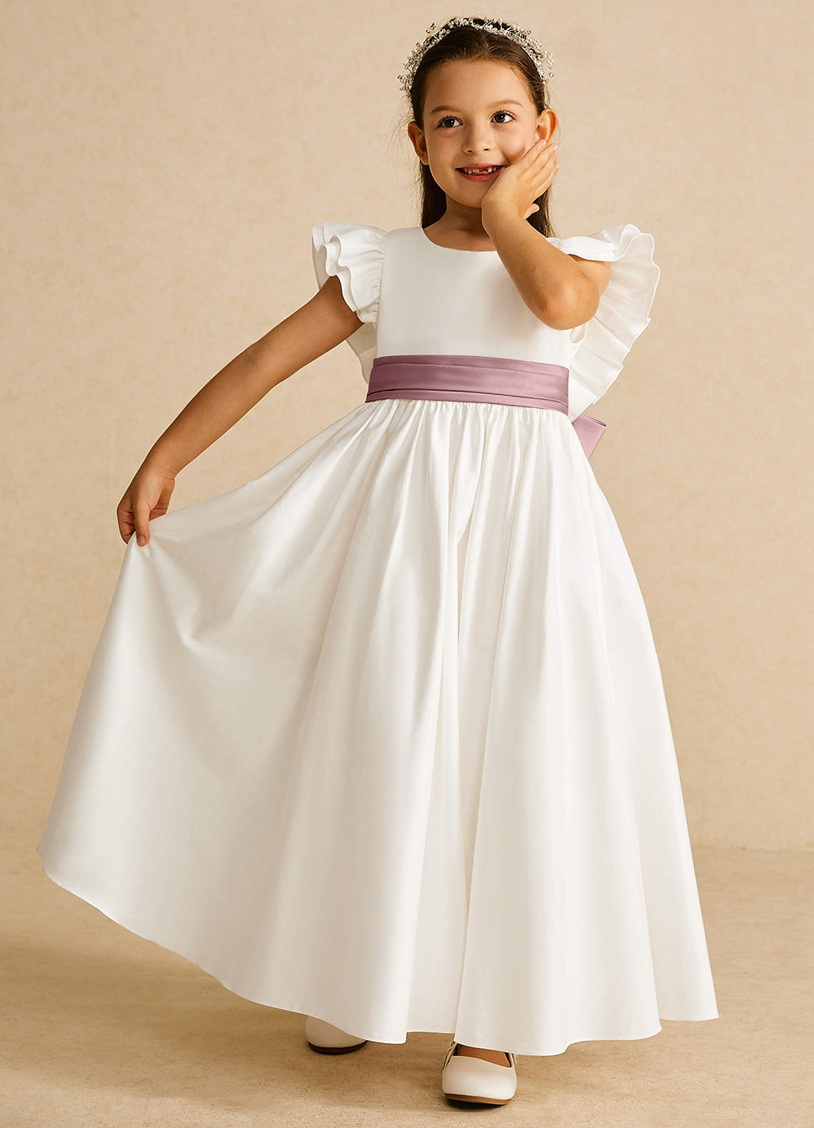 Azazie Aero Flower Girl Dresses Ivory Dusty Rose A-Line Pleated Cotton Dress image5