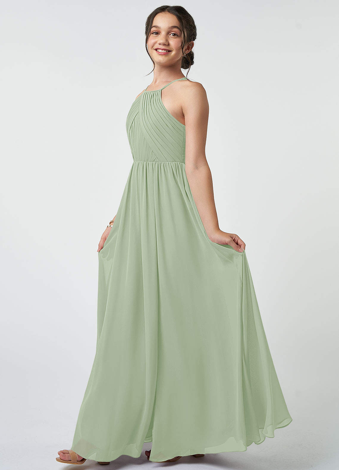 Azazie Leighton Junior Dusty Sage A-Line Pleated Chiffon Dress image3