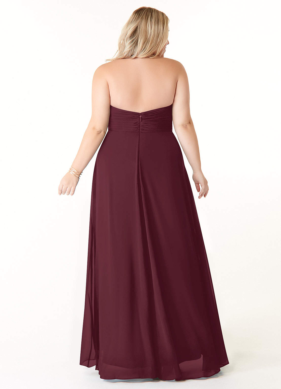 Azazie Tessie Vestidos de damas de honor Vestido de Cabernet de Gasa de Corte en A con Cuello en V plisado image6