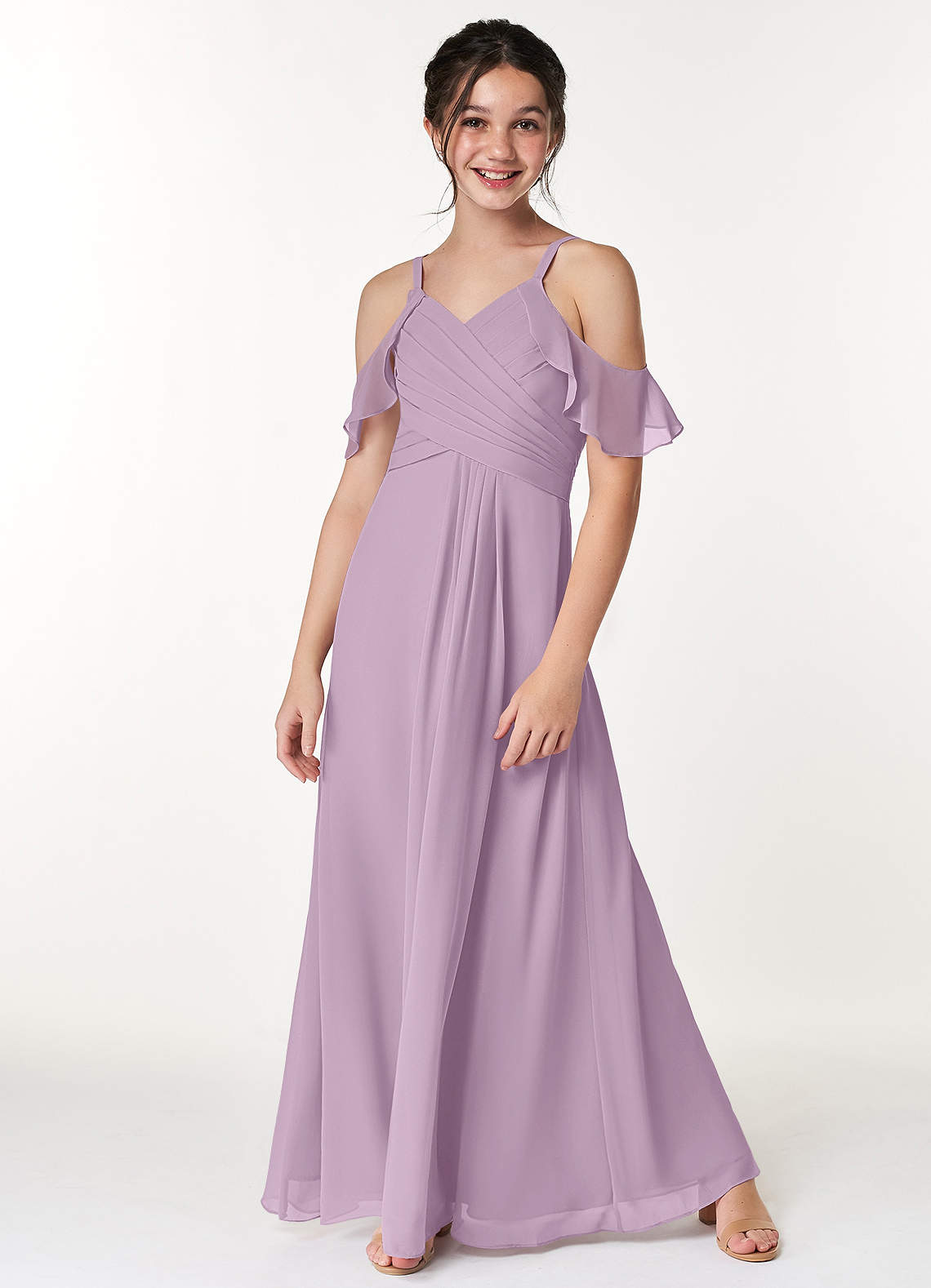 Azazie Dakota Junior Vestido Glicínia de Chiffon de Linha A com Fora do ombro image3