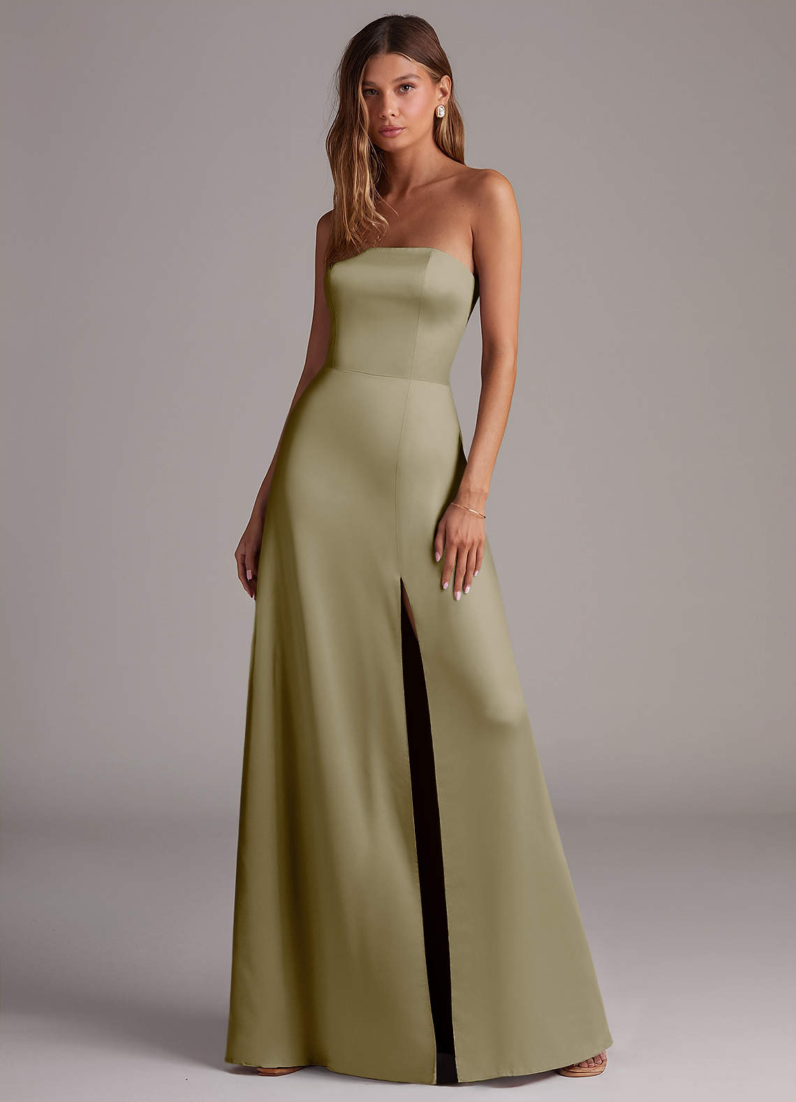 Azazie Wren Bridesmaid Dresses Moss Green A-Line Strapless Stretch Satin Convertible Dress image1