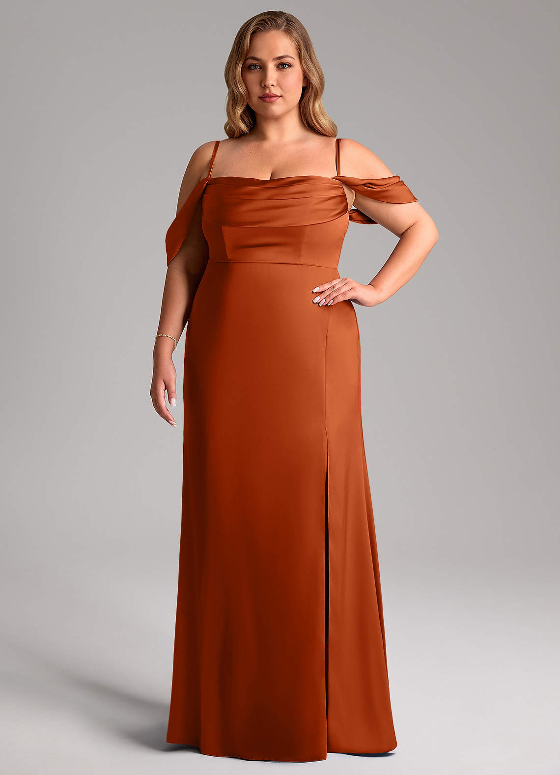 Azazie Saige Bridesmaid Dresses Burnt Orange Sheath Off the Shoulder Stretch Satin Dress image14