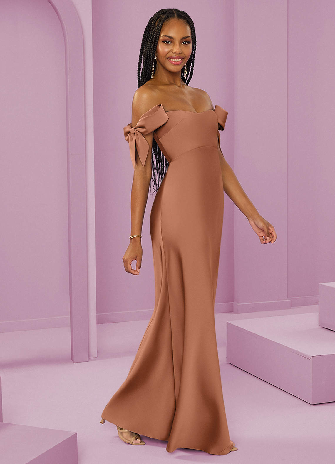 Barbie ♥ Azazie Bridesmaid Dresses Bronzer Sheath Off the Shoulder Stretch Satin Convertible Dress image1