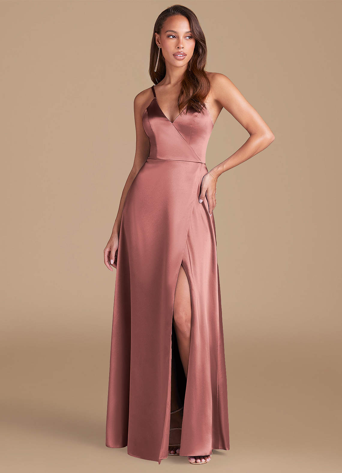 Azazie Maksim Bridesmaid Dresses Dusty Rose A-Line Metallic Satin Dress image1