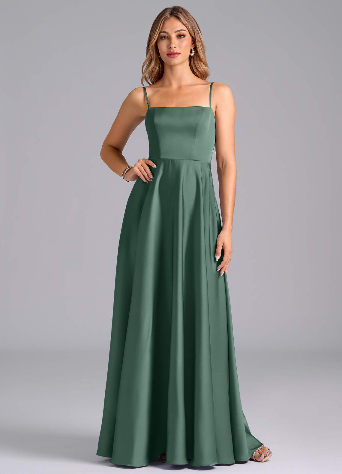 Azazie Elita Vestidos de damas de honor Vestido de Eucalipto de Satén Elástico de Corte en A con Plisado image1