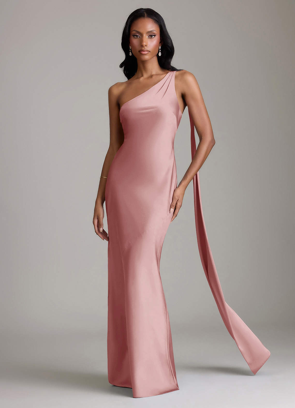 Azazie Juniper Klänningar att prova hemma Klä av Sjöjungfru i Stretch Satin Ena axeln Dammig Ros image3