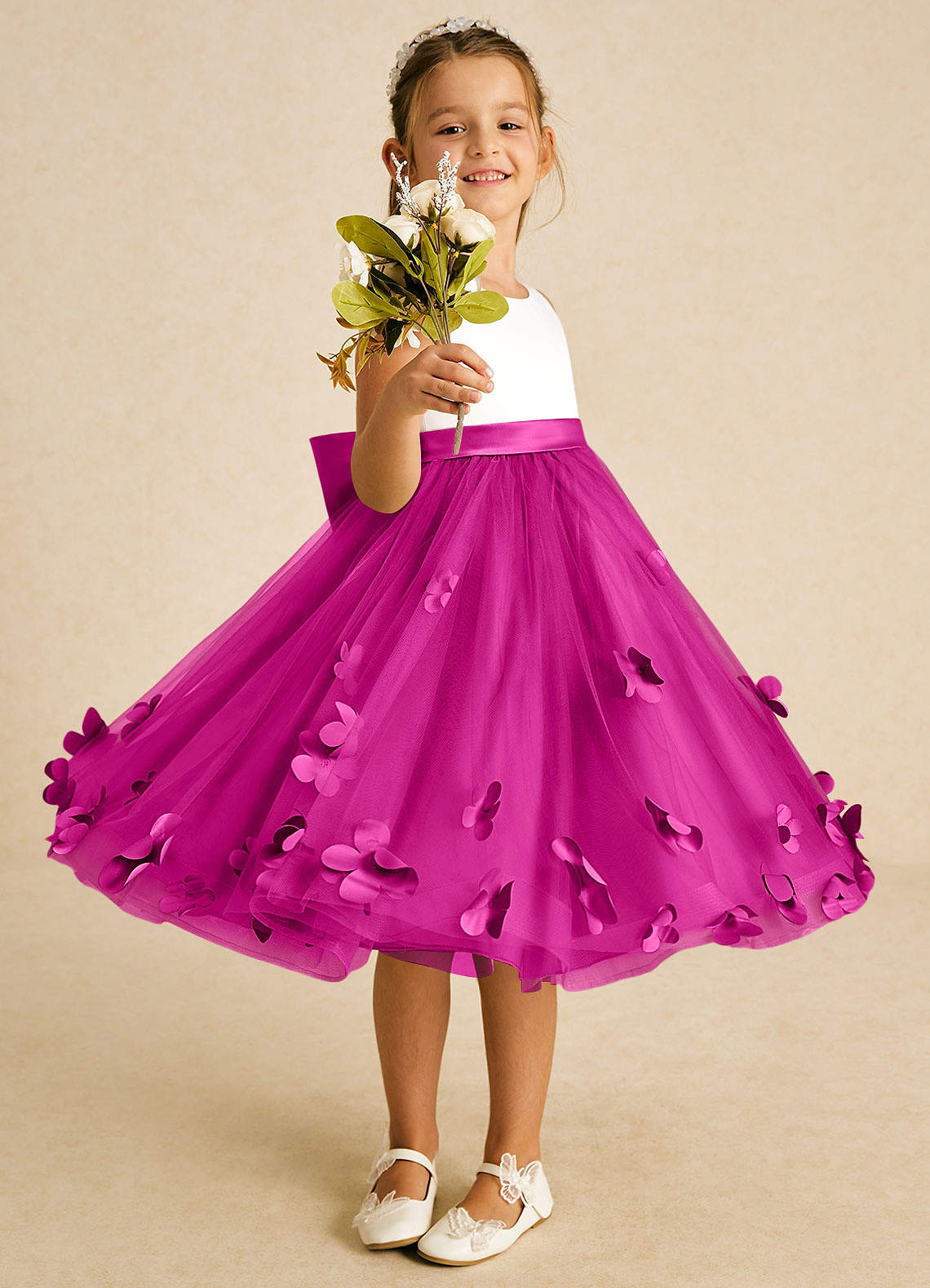 Azazie Sprout Blumenmädchenkleider A-Linie Schleifen Tüll Kleid Fuchsia image1