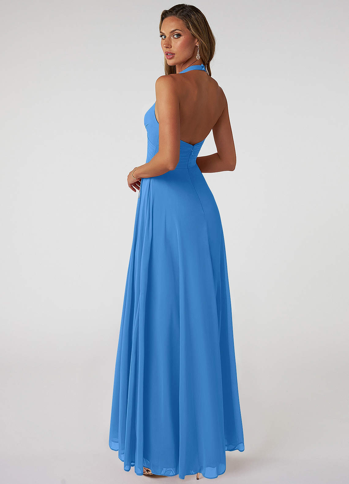 Azazie Tessie Vestidos de damas de honor Vestido de Azul Grisaceo de Gasa de Corte en A con Cuello en V plisado image1