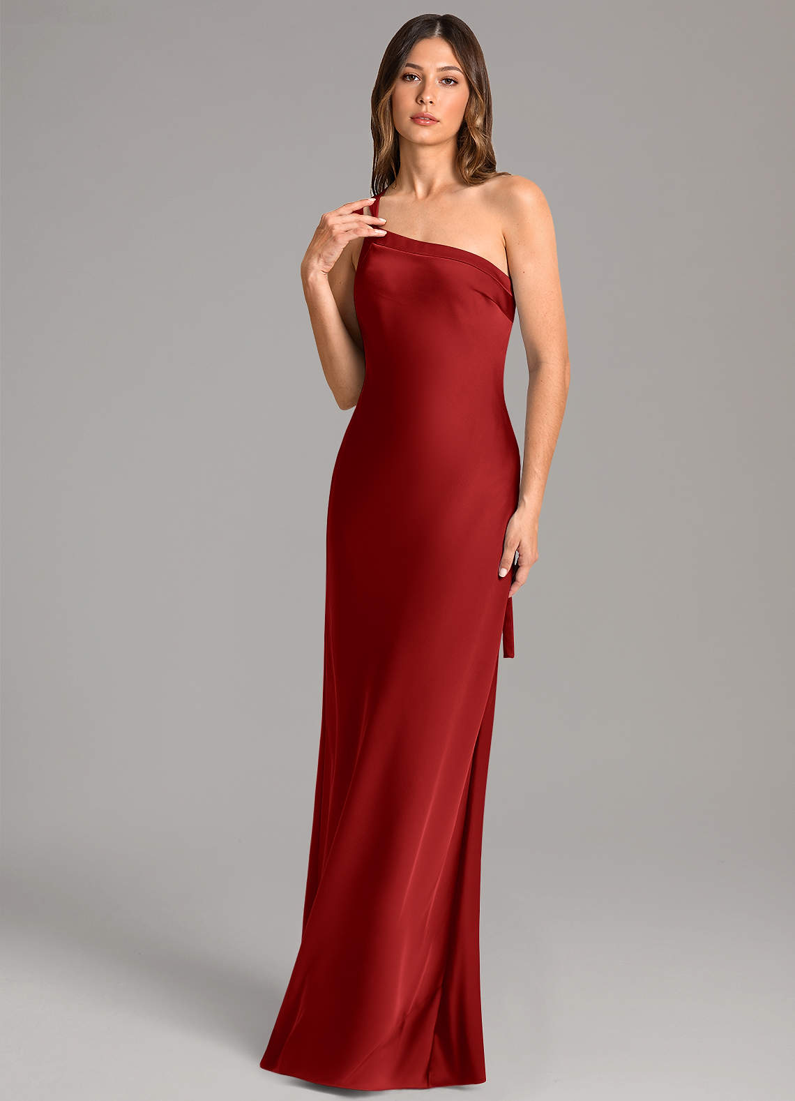 Azazie Monroe Bridesmaid Dresses Pomegranate Mermaid One Shoulder Stretch Satin Dress image1