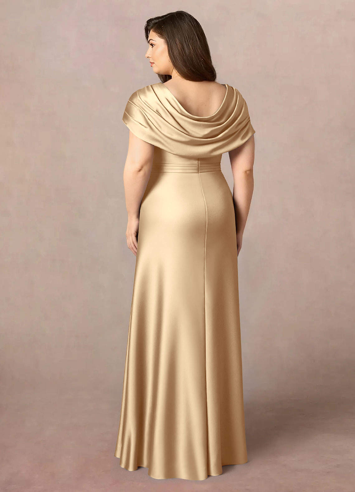Azazie Branford At-home Try On Dresses Champagne A-Line Pleated Stretch Satin Dress image9