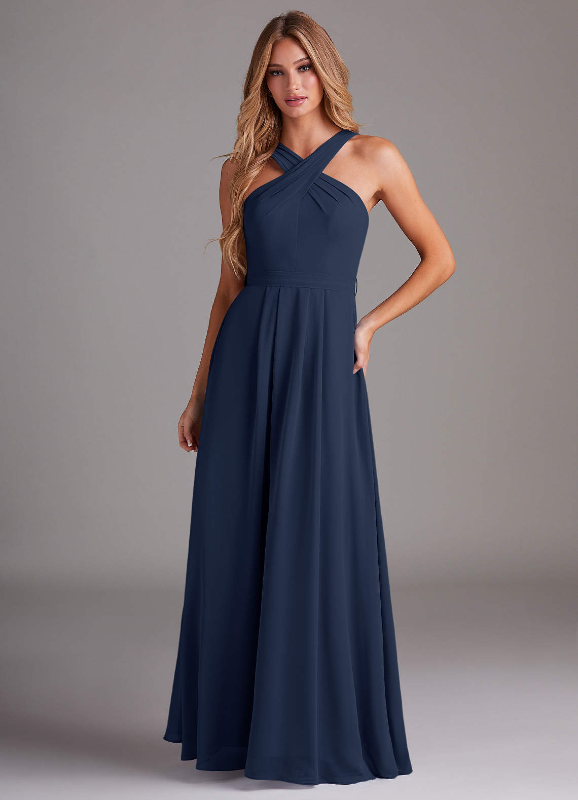 Azazie Dixie Bridesmaid Dresses Dark Navy A-Line Halter Pleated Chiffon Dress image1