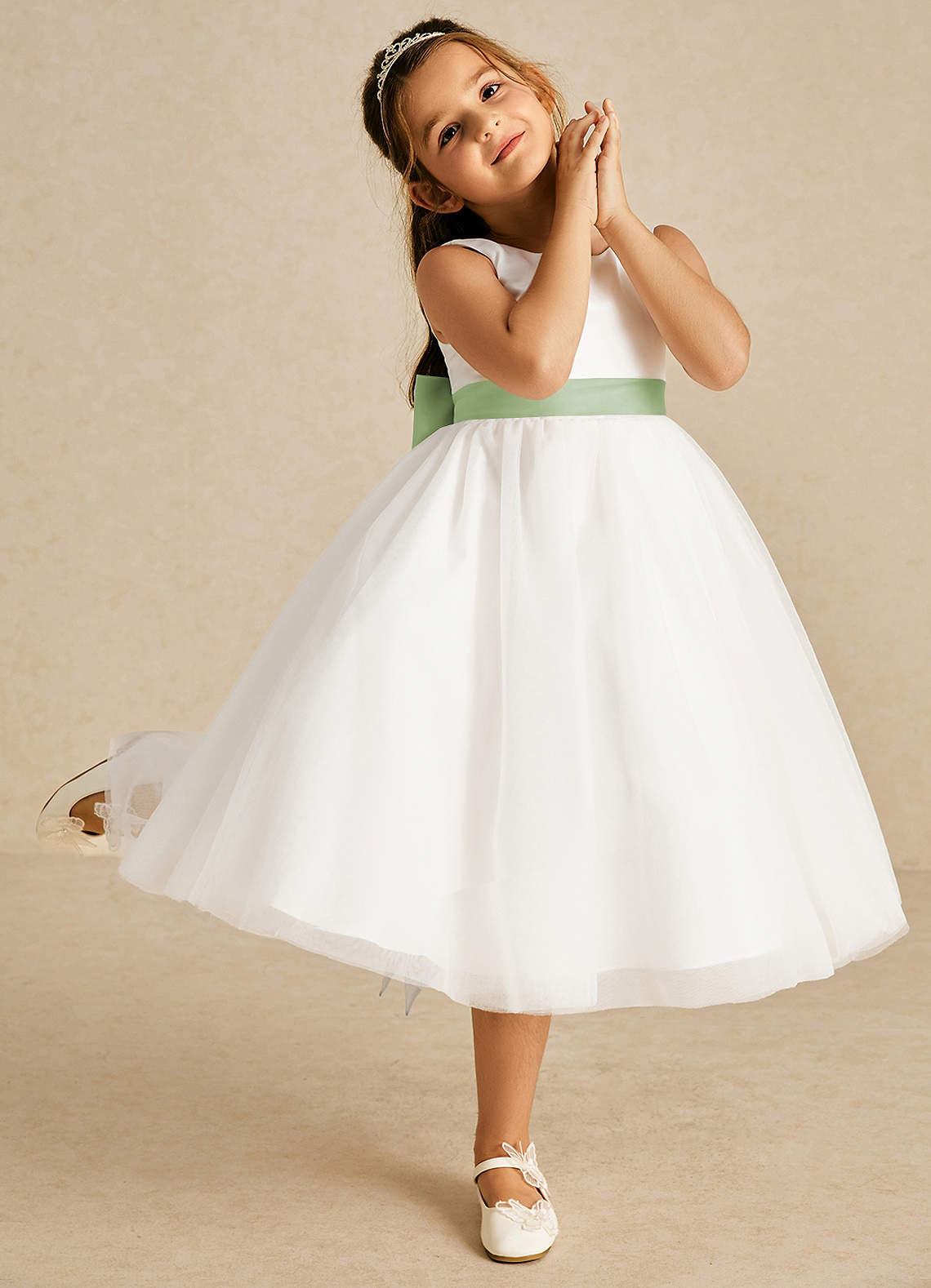 Azazie Kavi Flower Girl Dresses Ivory Dusty Sage A-Line Bow Matte Satin Dress image4