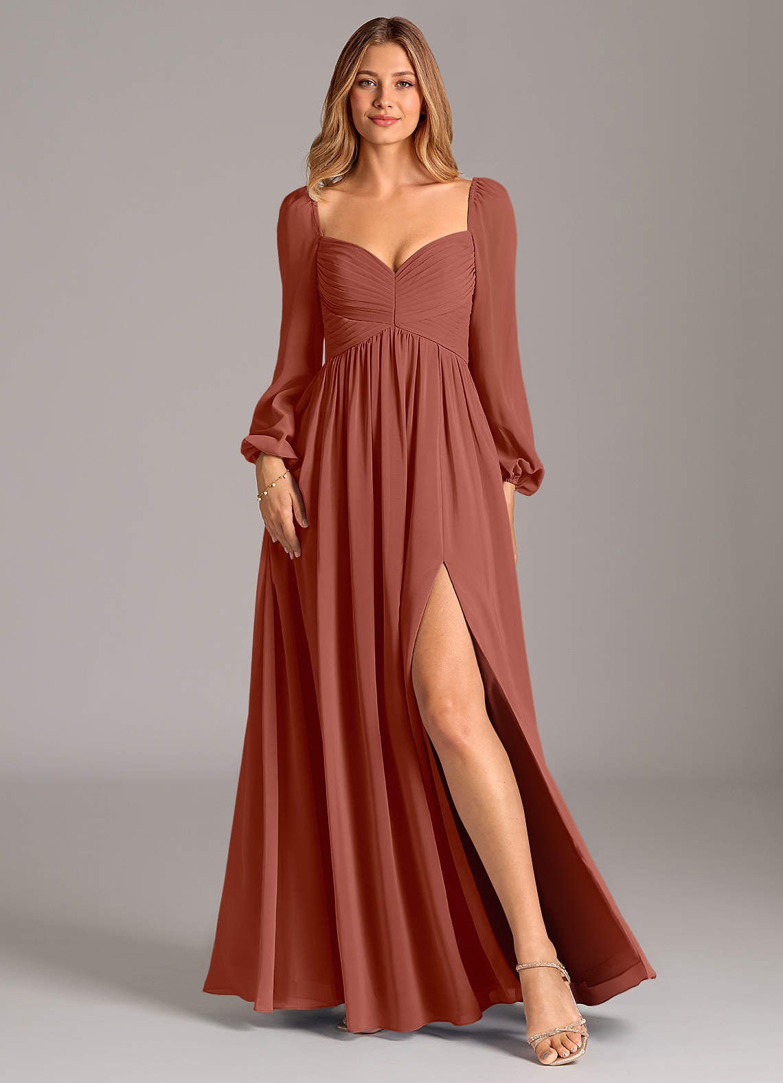 Azazie Alia Bridesmaid Dresses Auburn A-Line Long Sleeve Chiffon Dress image1