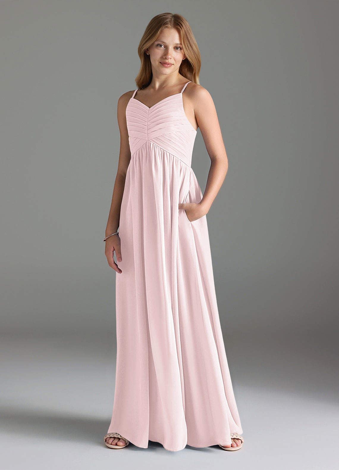 Azazie Alia Junior Blushing Pink A-Line Pleated Chiffon Dress image1