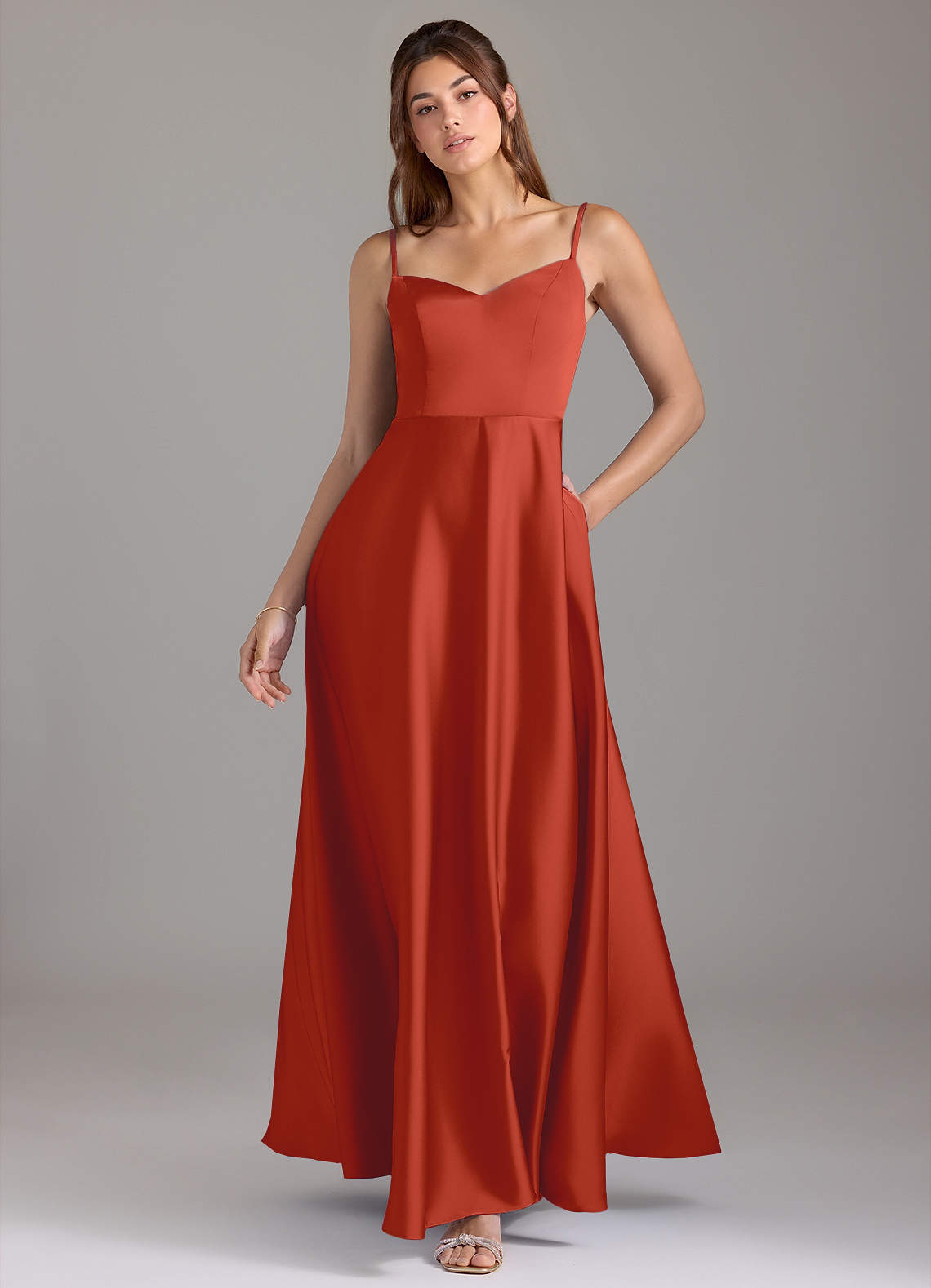 Azazie Marley Bridesmaid Dresses Rust A-Line Off the Shoulder Stretch Satin Convertible Dress image1