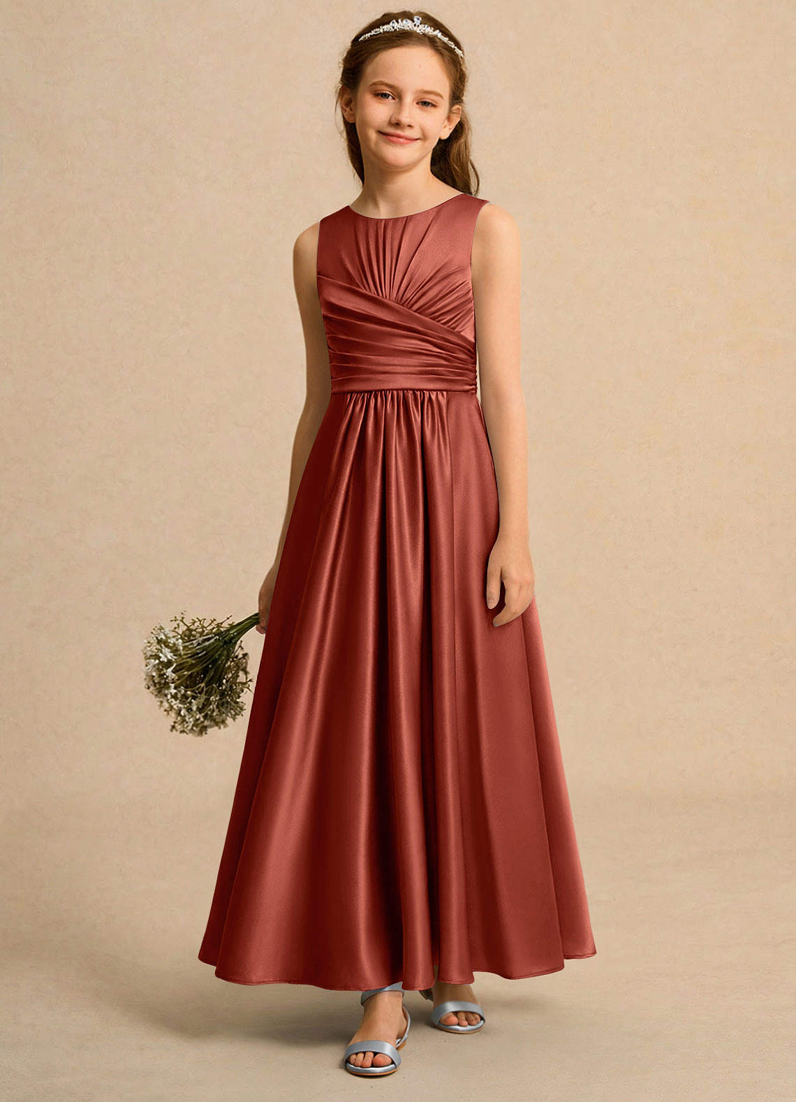 Azazie Ducky Girls Formal Kukkatyttöjen mekot A-linja Laskostettu Joustava satiini Nilkan pituus Mekko image3
