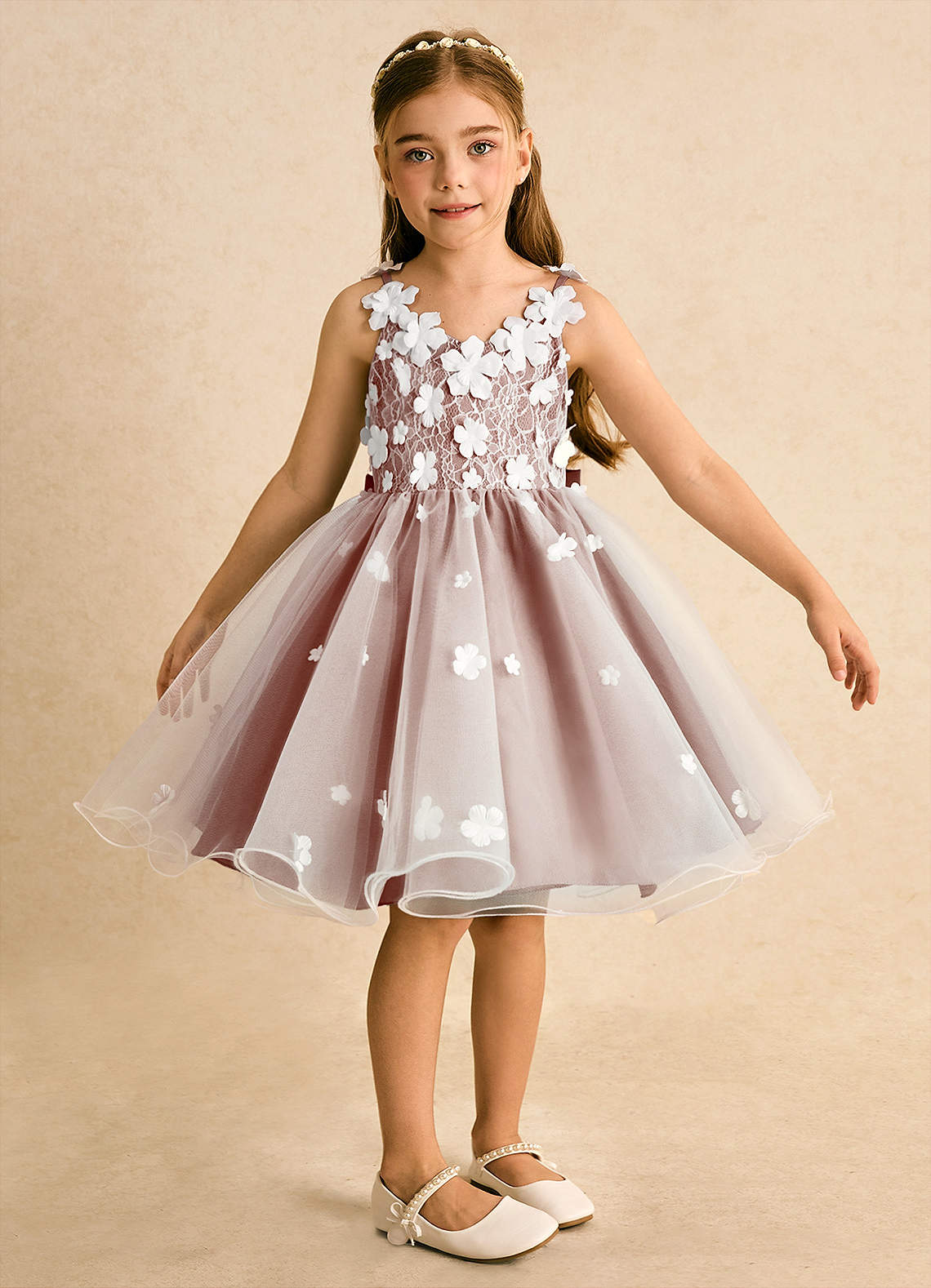 Azazie Junebug vestidos de niña de las flores Vestido de Marfil Rosa De Cedro de Tul de Princesa con Encaje image5