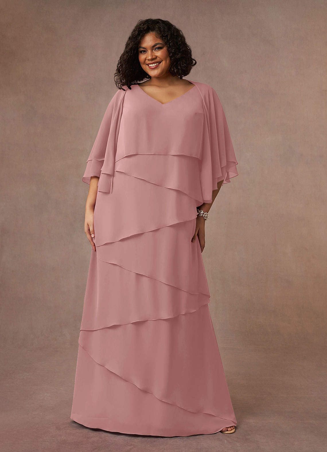 Azazie OHara Mère de la mariée Robes Robe Trapèze en Mousseline de soie Col V Rose Poussiéreuse image1