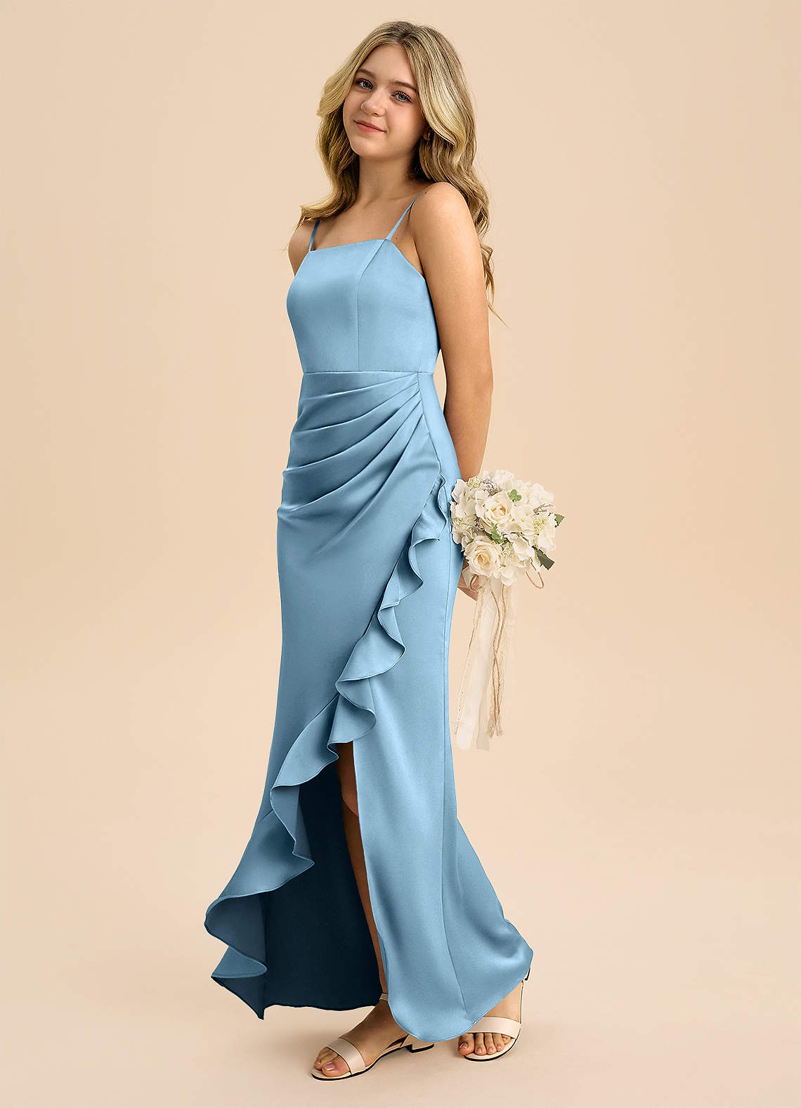 Azazie Buzzy Junior Skede Plisseret Stræk satin Gulv-længde Junior brudepige Kjole image5