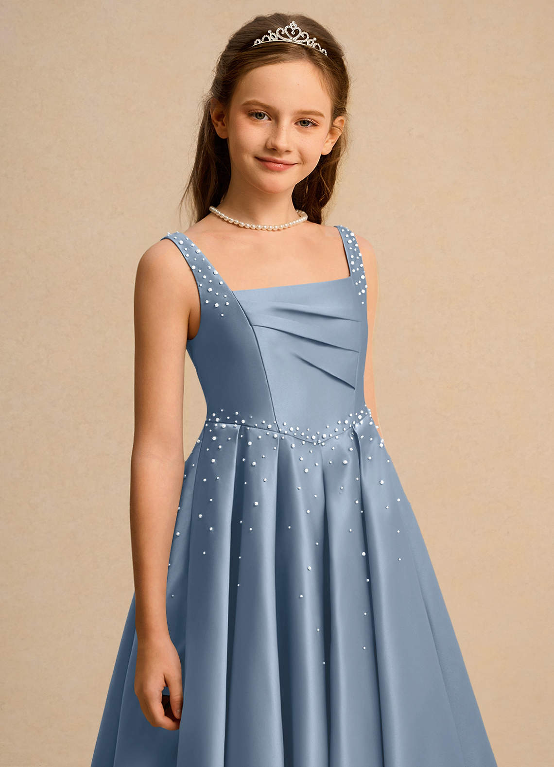 Azazie Mochi Girl Junior Formal Flower Girl Dresses Dusty Blue Ball-Gown Pleated Matte Satin Dress image6
