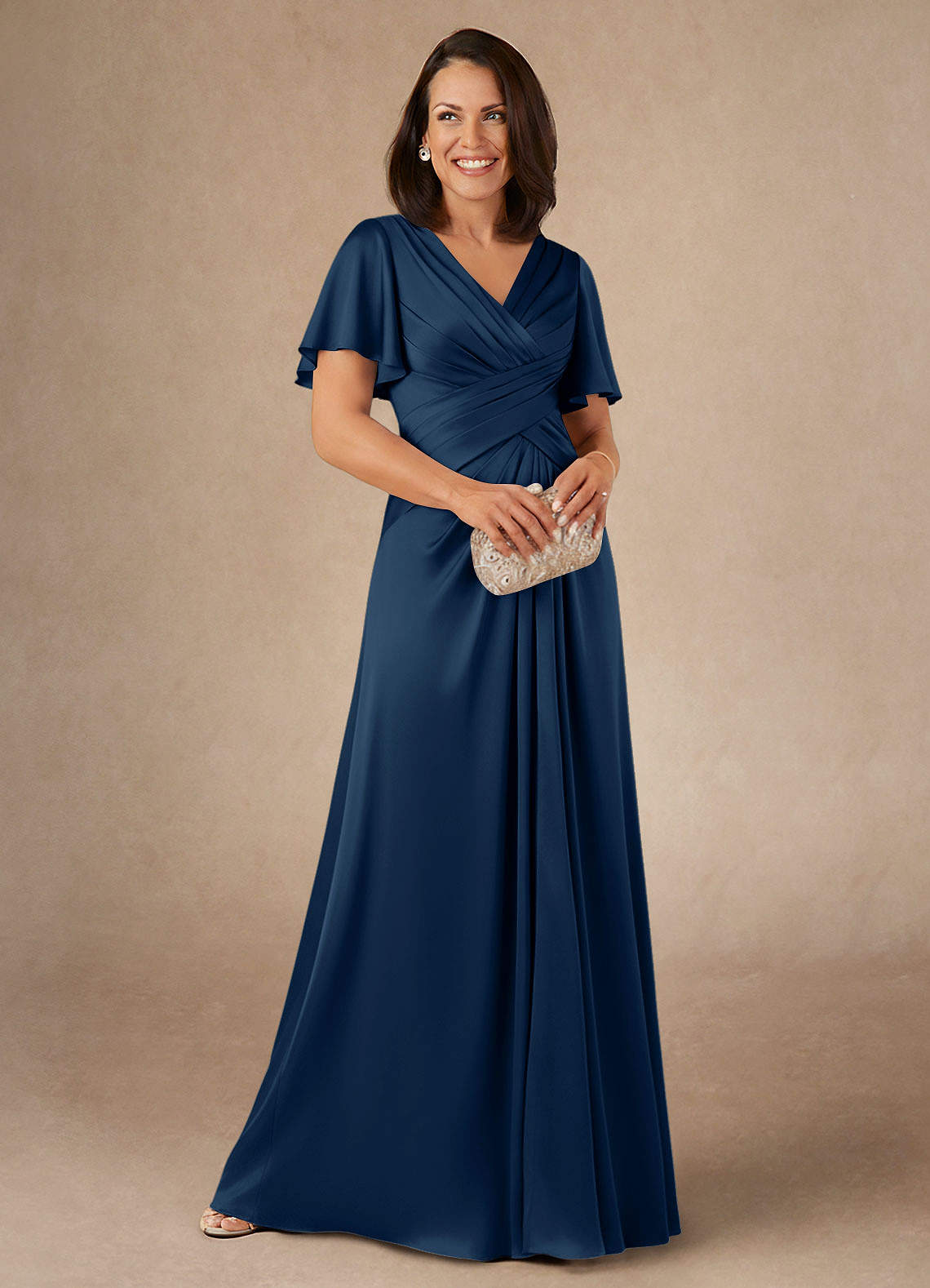 Azazie Emmeline Moeder van de bruid jurken A-Lijn Jurk van Stretch Satijn Geplooid Donkere Marine image1