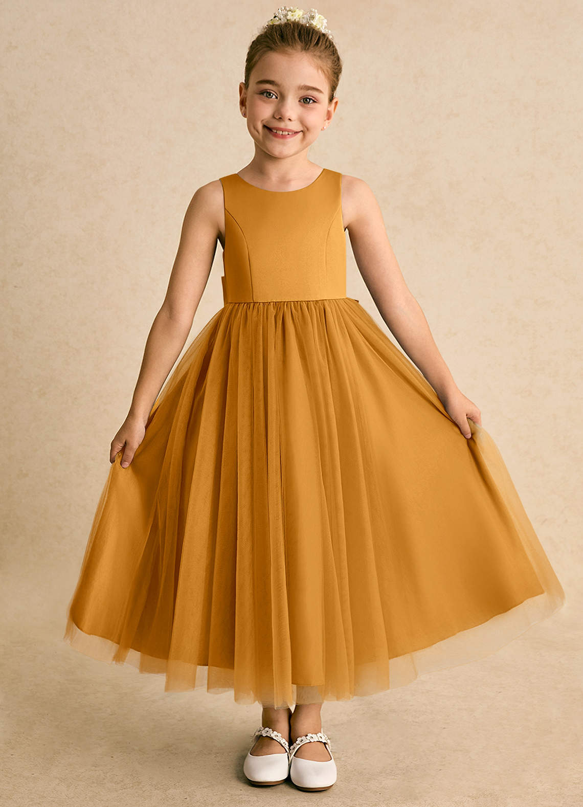 Azazie Solia Robe Demoiselle D'honneur Fillette Robe Princesse en Tulle Arc Caramel écossais image1