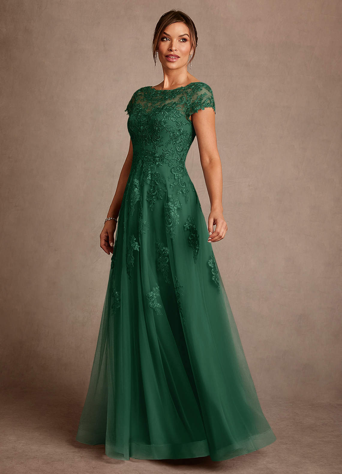 Azazie Jalinda vestidos de madre de la novia Vestido de Verde Oscuro de Gasa de Corte en A con Encaje image3
