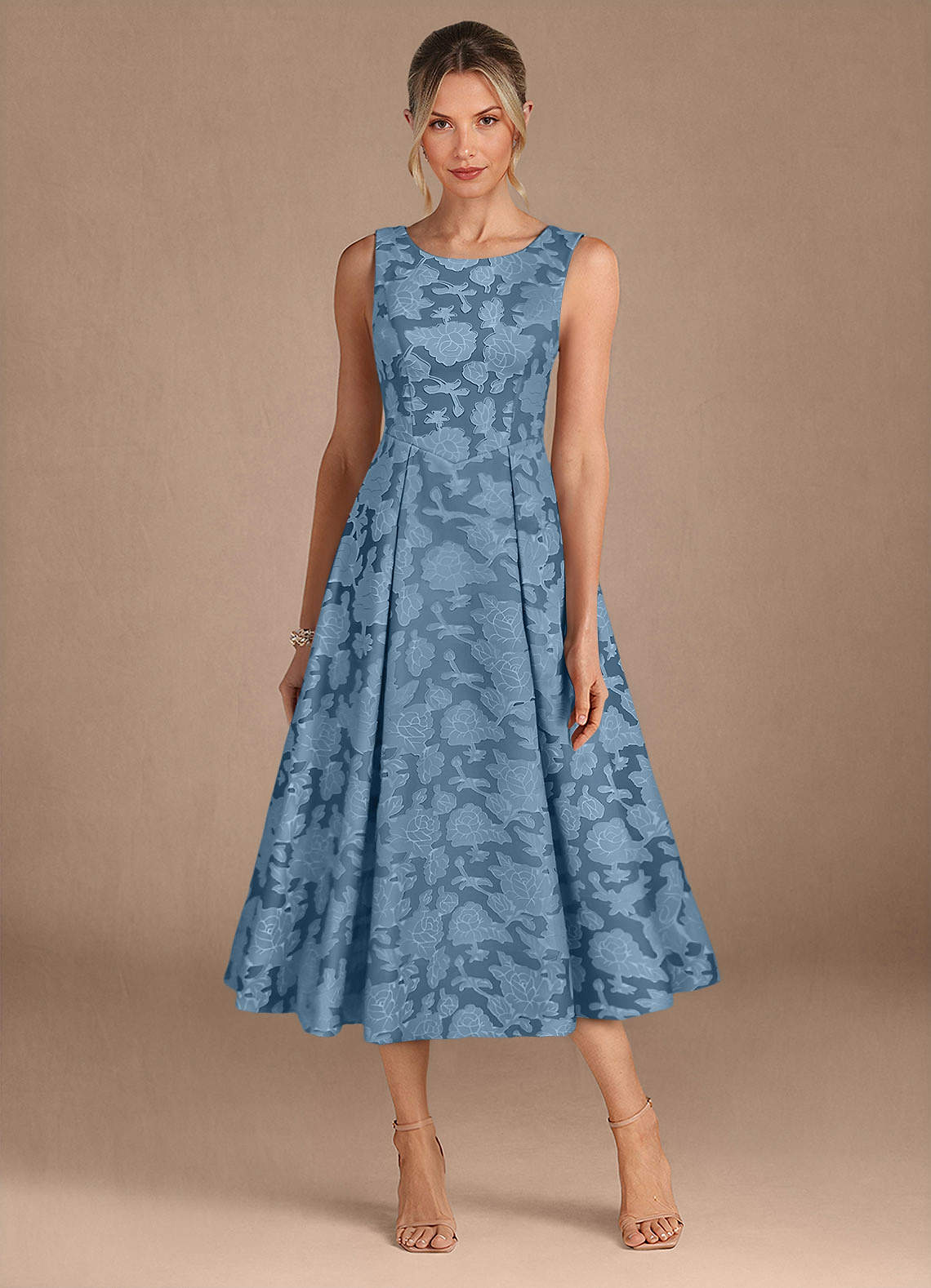 Azazie Fulton Mother of the Bride Dresses Steel Blue A-Line Pleated Floral Burnout Dress image4