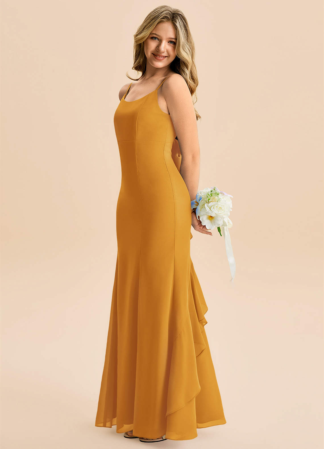 Azazie Lioren Junior Robe Sirène en Mousseline de soie Arc Caramel écossais image1