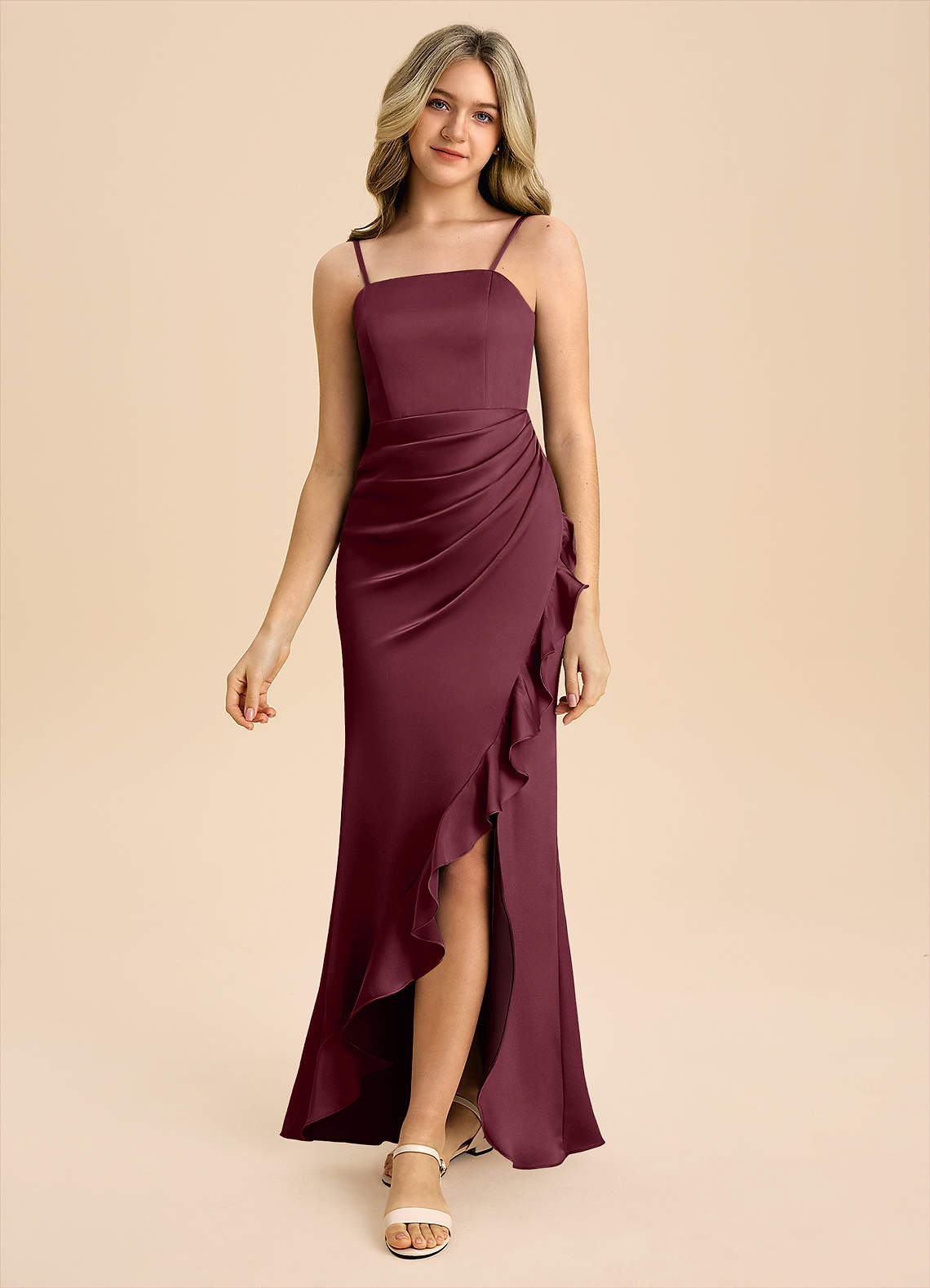 Azazie Buzzy Junior Cabernet Sheath Pleated Stretch Satin Dress image4