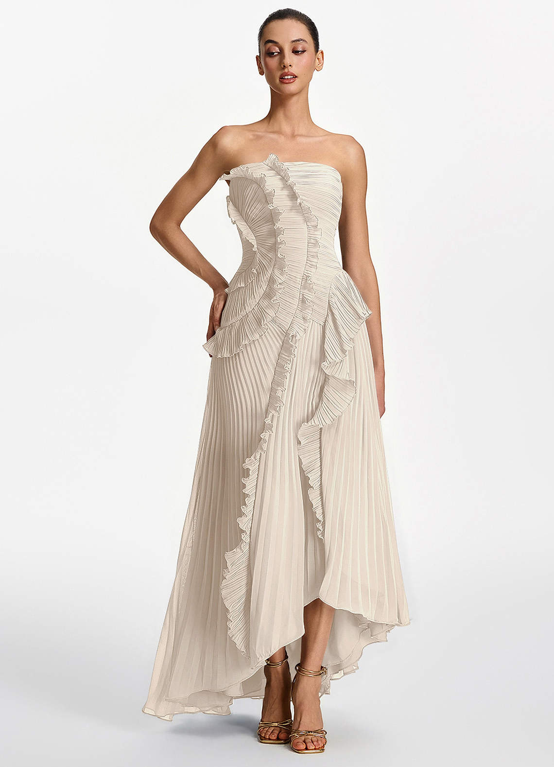 Azazie Cream A-Line Ankle-Length Quinceañera Damas Dresses Ruffles Corset Pleated Chiffon Straight