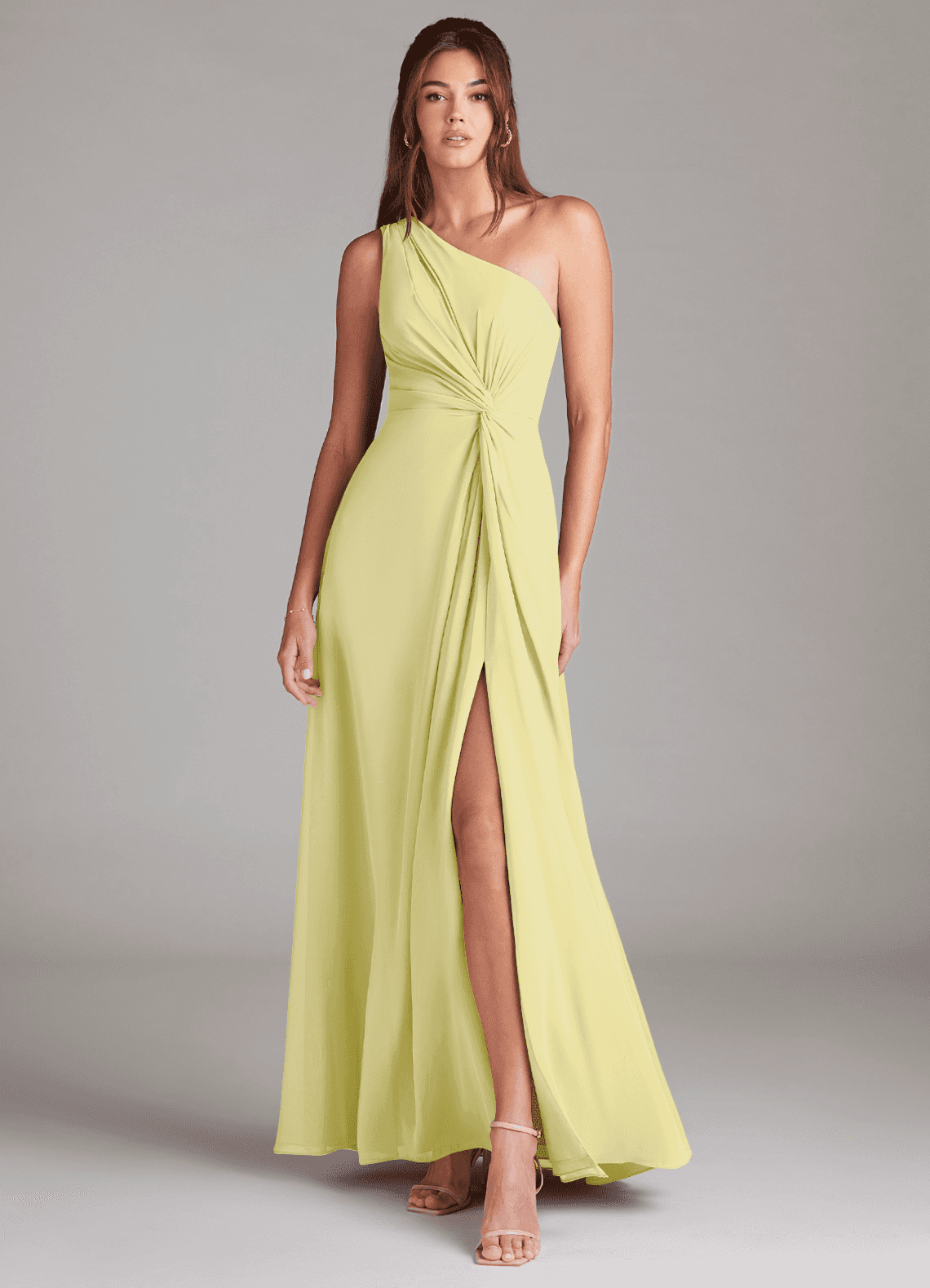 Azazie Brooke Robes de demoiselle d'honneur Robe Trapèze en Mousseline de soie Ue épaule Sorbet Citron image1