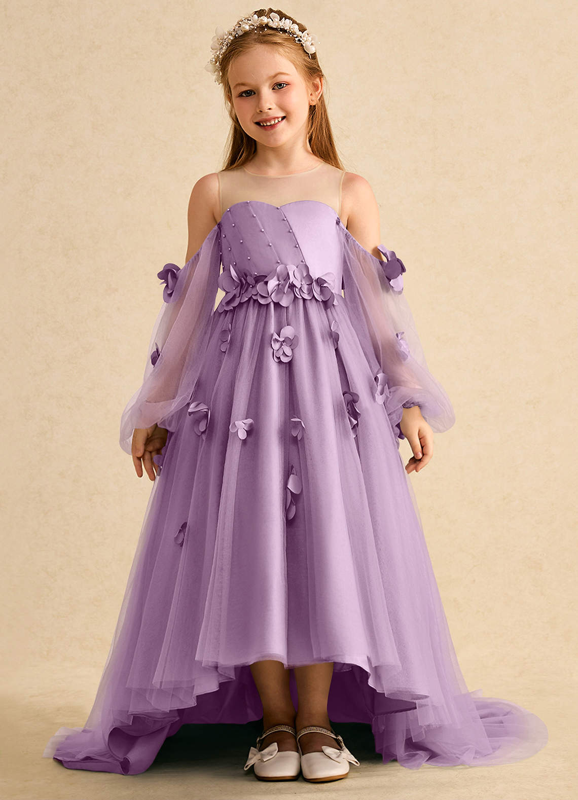 Azazie Karrie Robe Demoiselle D'honneur Fillette Robe Trapèze en Tulle avec manches Glycine image1
