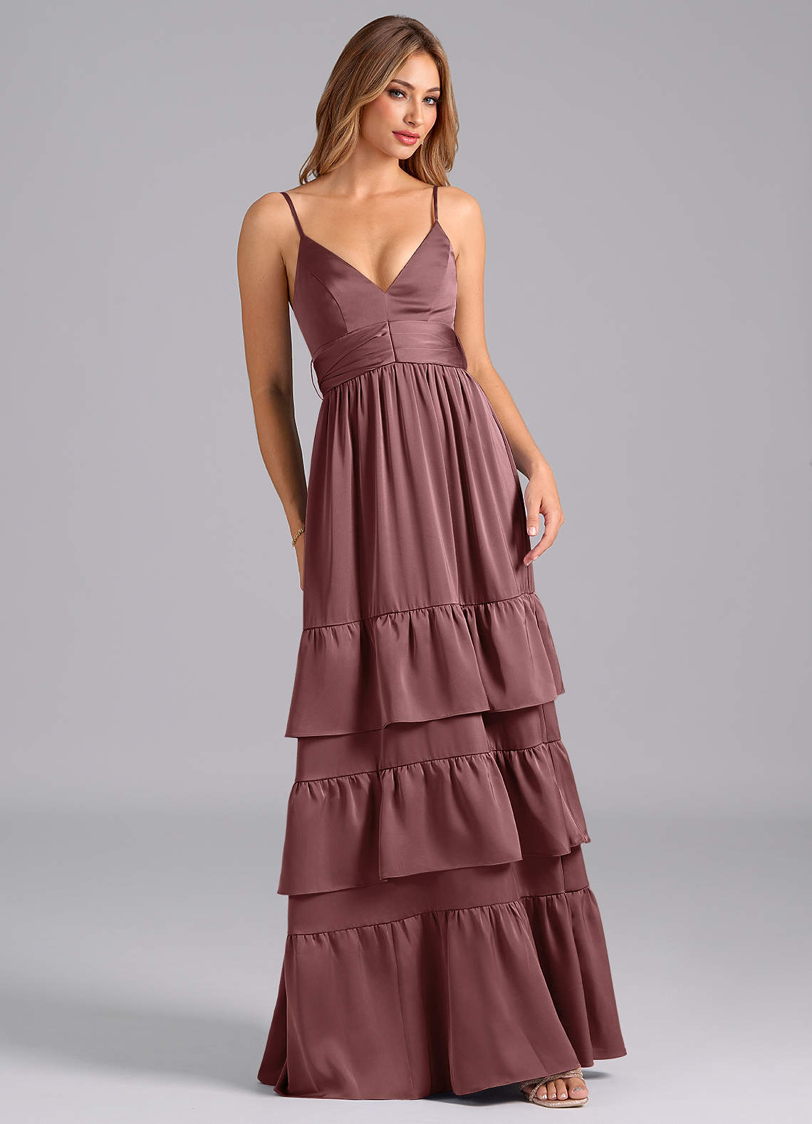 Azazie Nathalia Bridesmaid Dresses Vintage Mauve A-Line Pleated Stretch Satin Dress image1