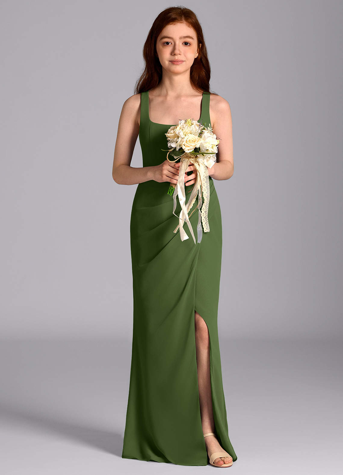 Azazie Mero Junior Olive Mermaid Pleated Chiffon Dress image1