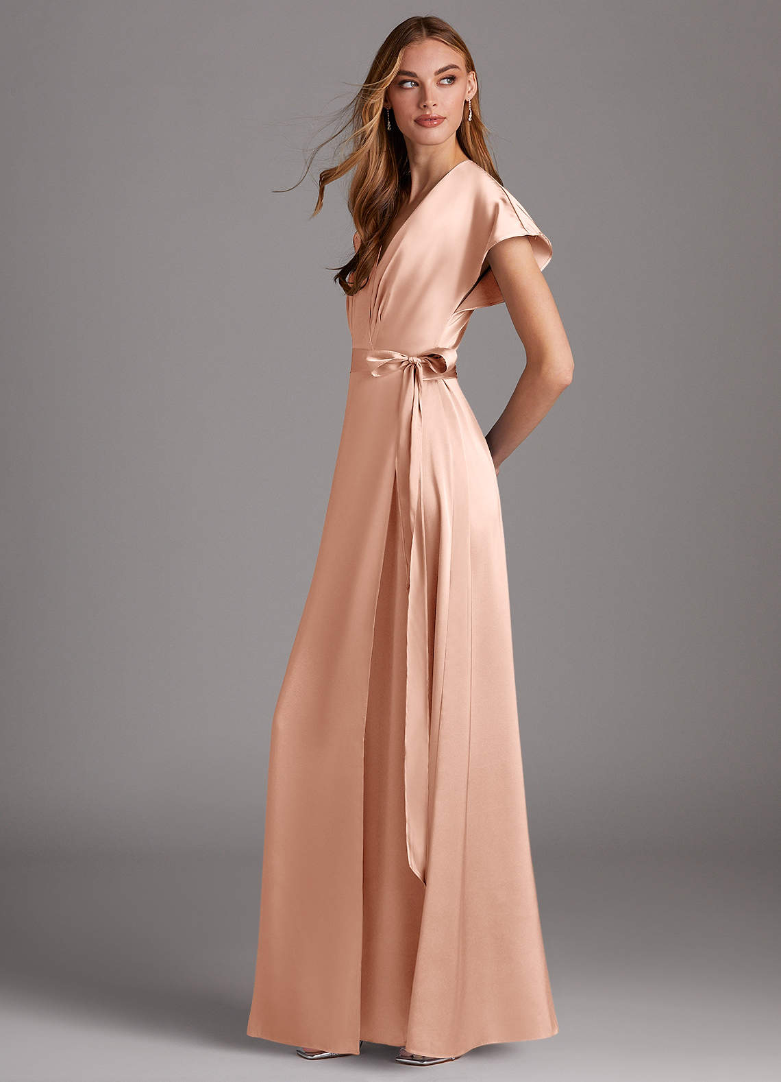 rose gold satin wrap dress Corset-Back Wrap-Bodice A-Line Prom Dress