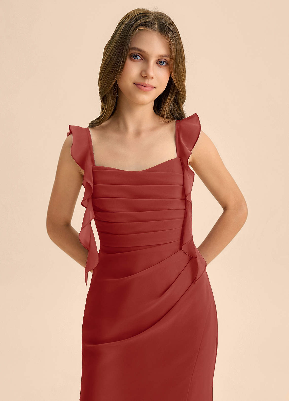 Azazie Jessamine Junior Terracotta Mermaid Sweetheart Neckline Chiffon Dress image6