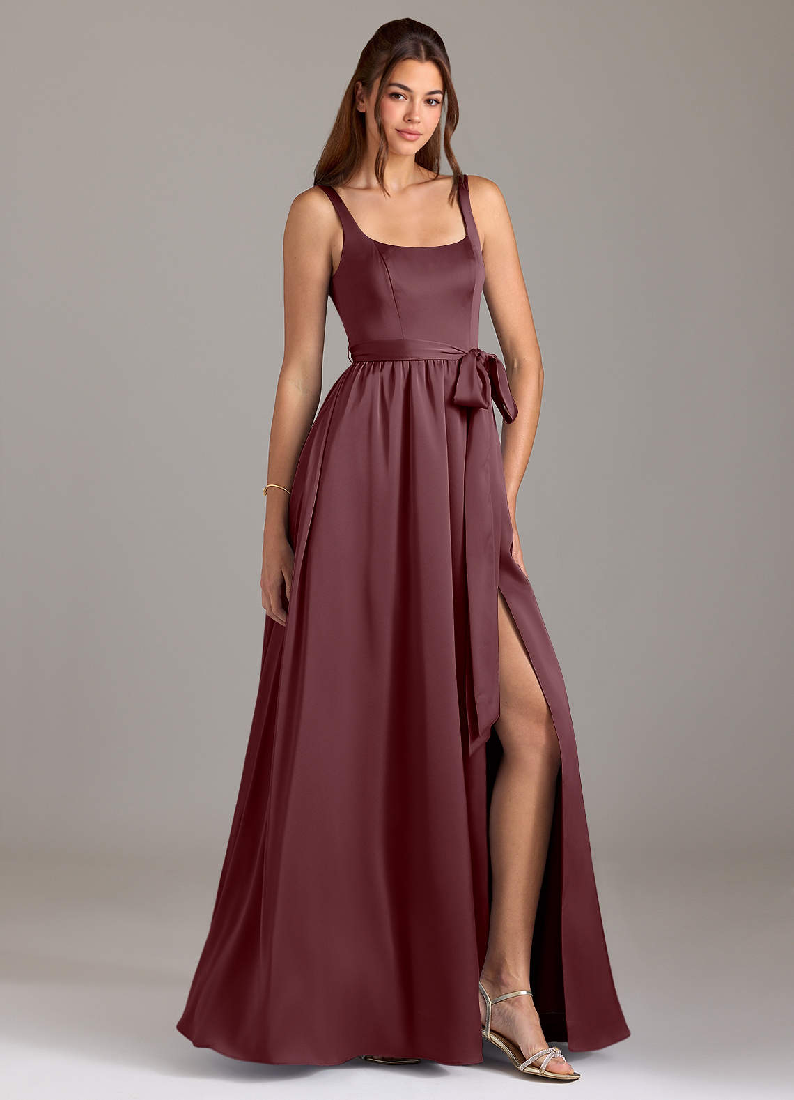 Azazie Elliott Bridesmaid Dresses Sangria A-Line with Pockets Stretch Satin Dress image1
