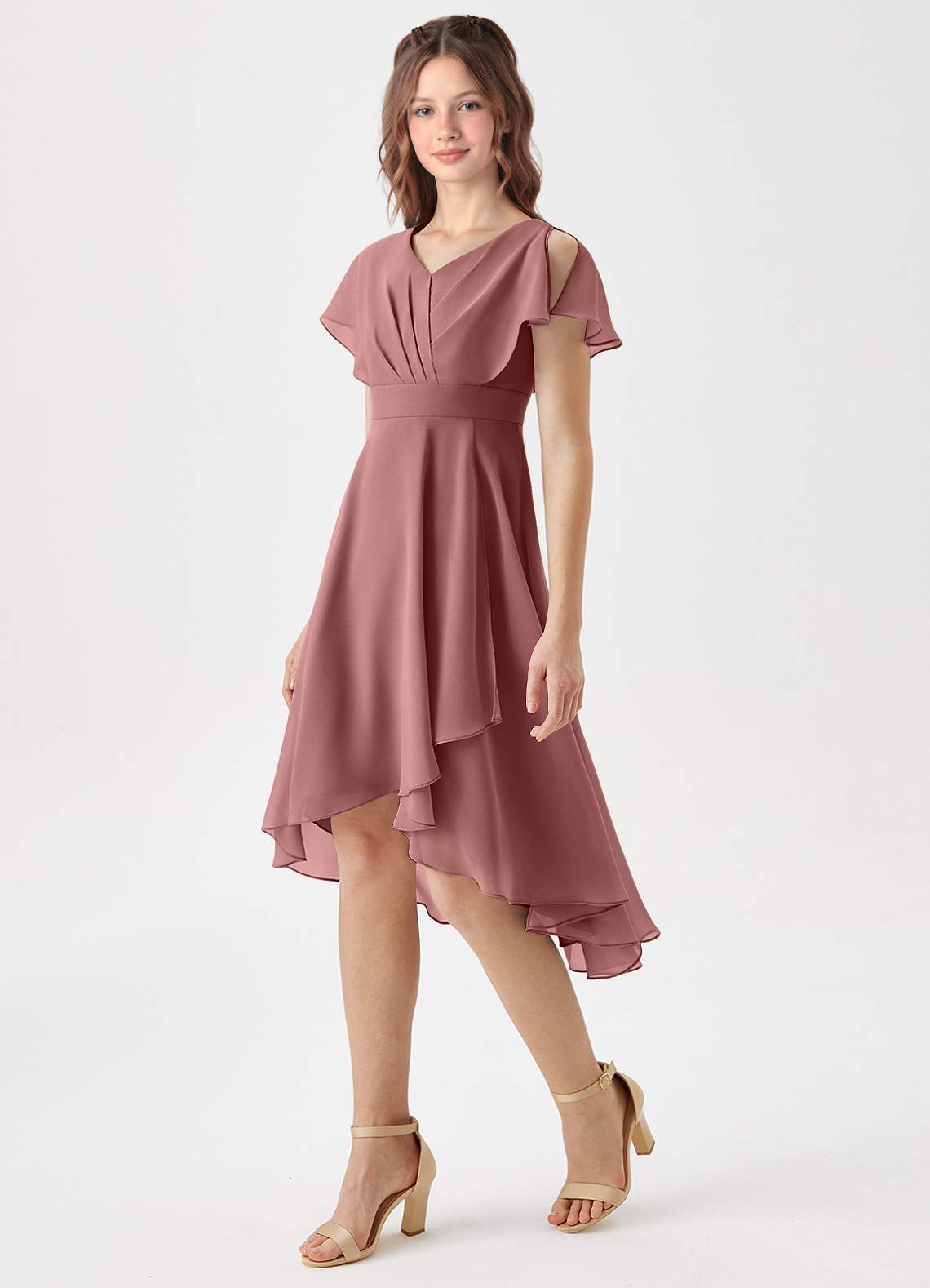 Azazie Graciela Junior Robe Trapèze en Mousseline de soie Plissée Rose Du Désert image1