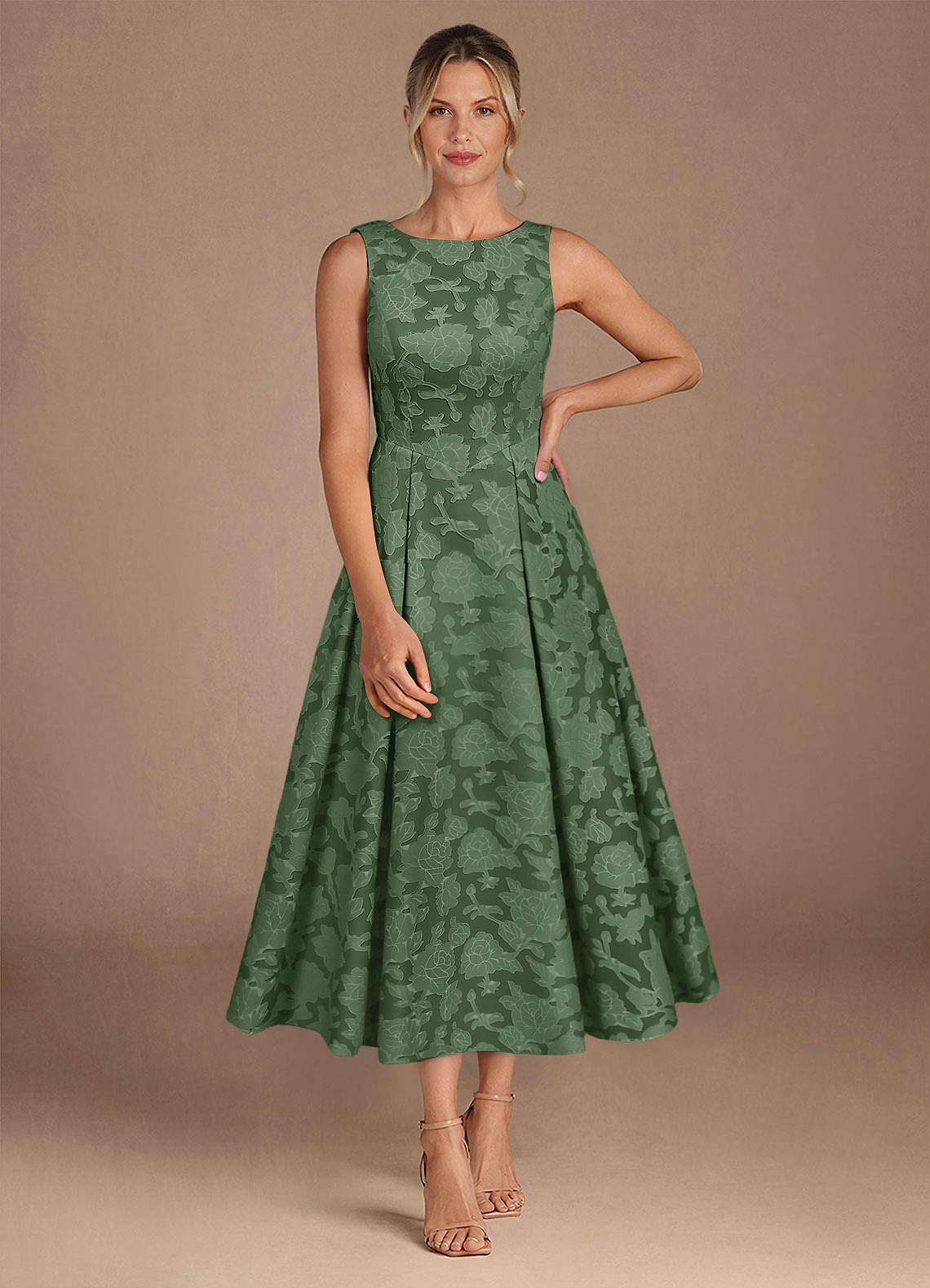 Azazie Fulton Vestidos para mãe da noiva Vestido Eucalipto de Esgotamento Floral de Linha A com Plissado image3