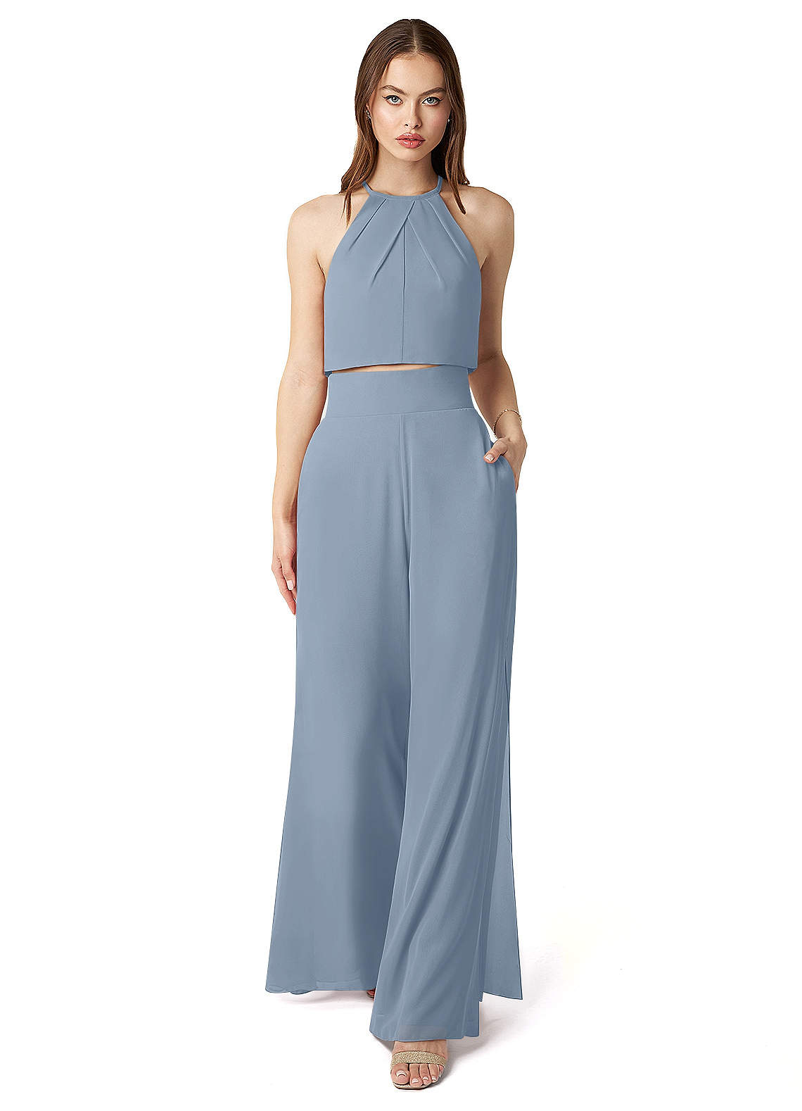 Azazie Kenzi Bridesmaid Dresses Dusty Blue Pleated Chiffon Jumpsuit image1