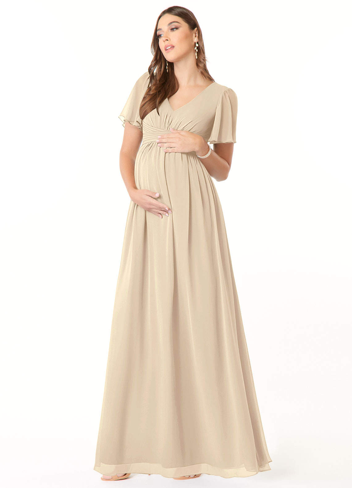 Azazie Verna vestidos de dama de honor de maternidad Vestido de Corte en A Cuello en V fruncido Hasta el suelo Gasa image2