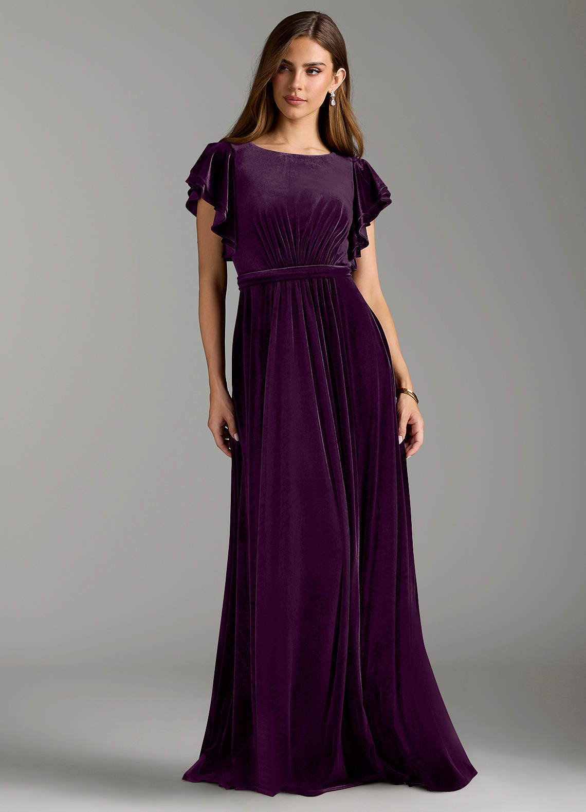 Azazie Daphne Modest Bridesmaid Dresses A-Line Velvet Floor-Length Dress with Belt image2