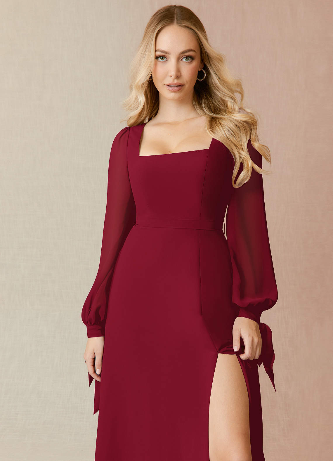 Azazie Leonia Bridesmaid Dresses Burgundy A-Line Long Sleeve Chiffon Dress image4