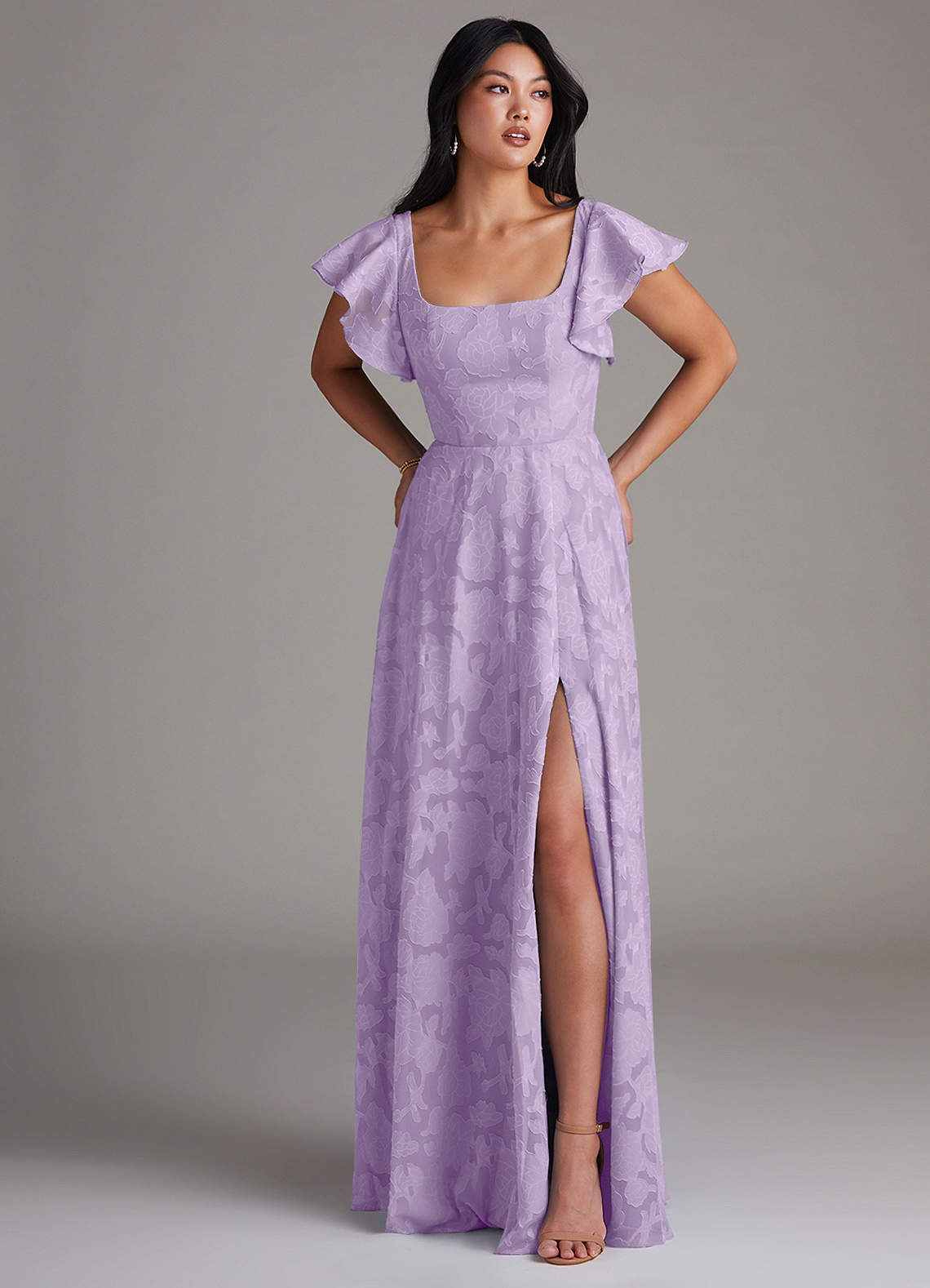 Azazie Bondi Bridesmaid Dresses Lilac A-Line Side Slit Floral Burnout Dress image3