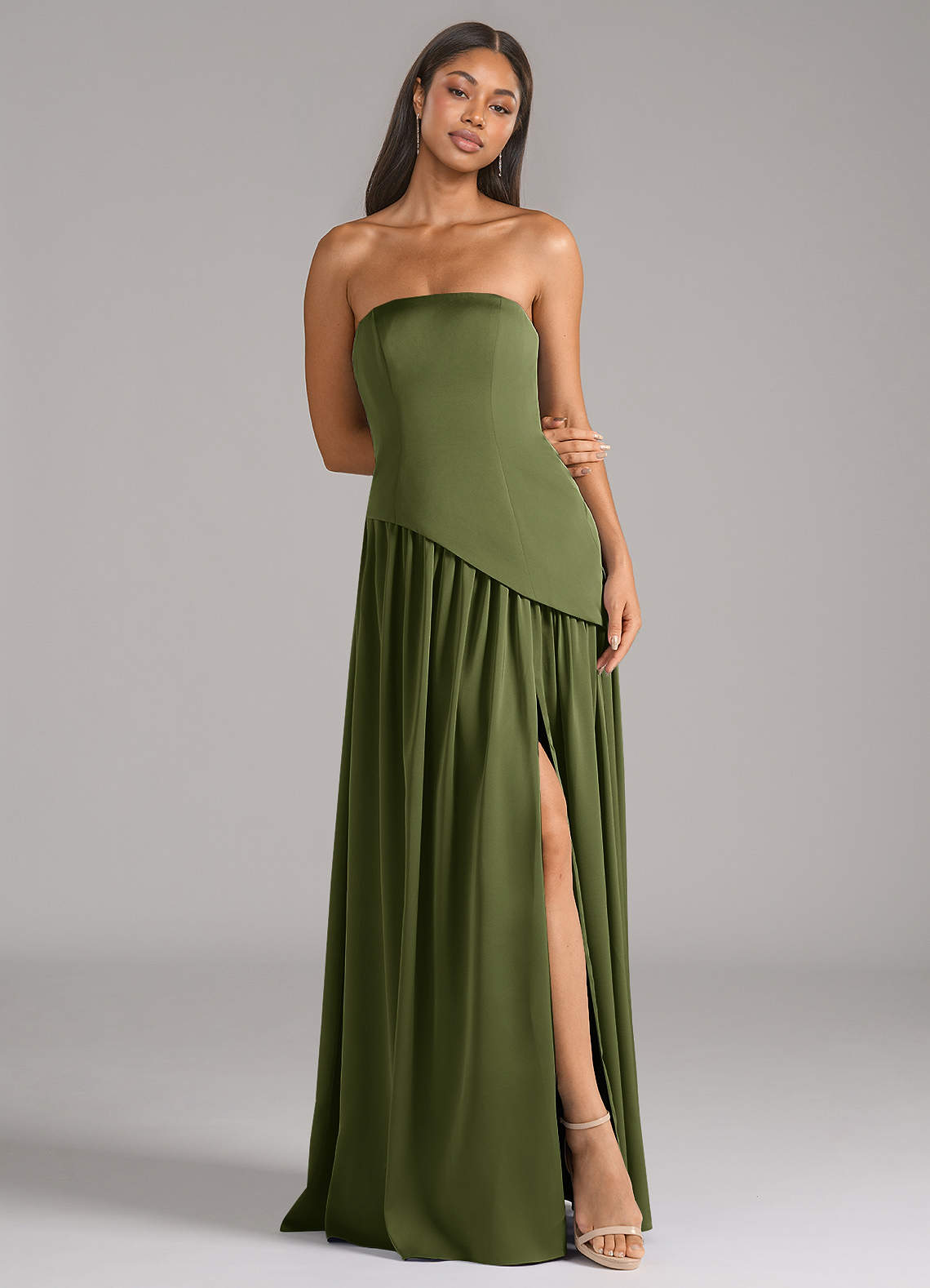 Azazie Adeline Olive Stretch Satin Bridesmaid Dresses | Azazie