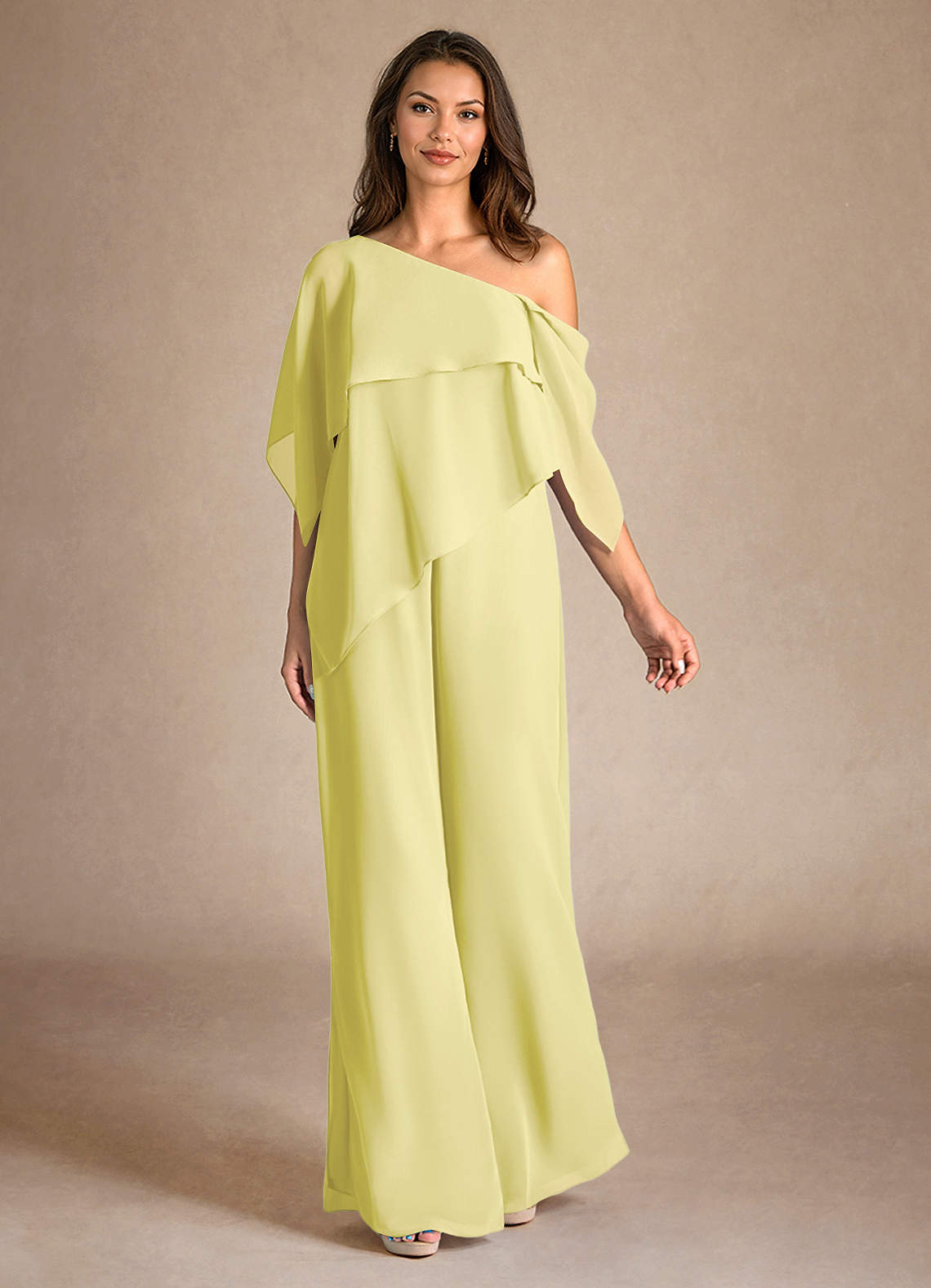 Azazie Halima Lemon Sorbet Jumpsuit/Pantsuit Side Slit Chiffon